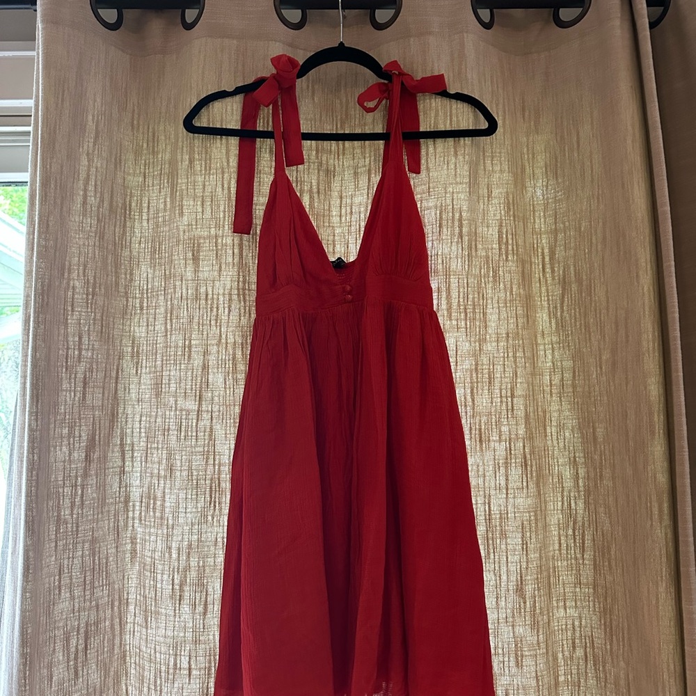Lulu's Delightfully Dainty Red Linen Tie-Strap Babydoll Mini Dress